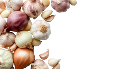 A variety of fresh onions, including yellow, red, and white, arranged on a white background.