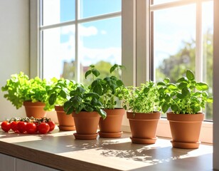 A bright modern kitchen featuring potted herbs like basil and mint on the windowsill.