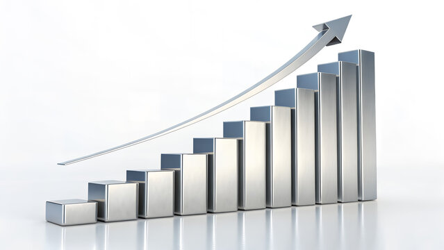 Silver bar graph showing an upward trend with a silver arrow on a white reflective surface