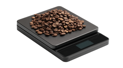 Coffee beans on a digital kitchen scale, white isolated background.