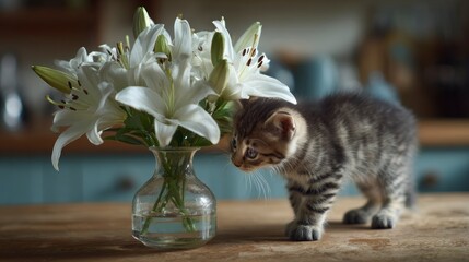 Kitten exploring white flowers