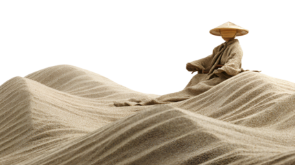 Figurine in conical hat sits on sand dunes desert scene