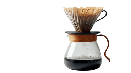 Coffee brewing equipment with filter and glass jug on a white isolate background