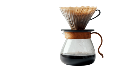Coffee brewing equipment with filter and glass jug on a white isolate background
