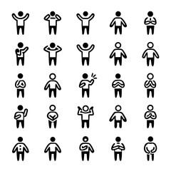 Body Language and Emotion Character Icons – Crossed Arms, Handshake, Shrug, Pointing – Minimal Human Figures for Presentations, Infographics, UX/UI Design, and Social Psychology