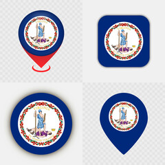 Set of Virginia State Flag Icons and Map Pins.