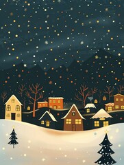Naklejka premium Quiet Christmas village under soft snow, featured in a warm festive postcard