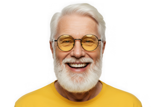 Portrait of a smiling man with white hair and yellow glasses on transparent background