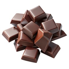 Pile of dark chocolate squares isolated on white background