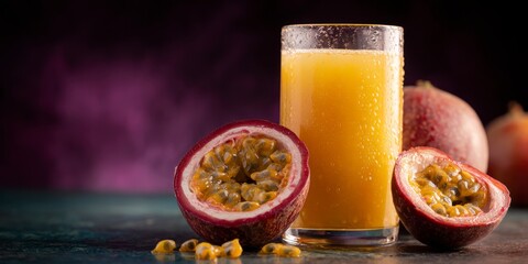 Passion fruit juice and fruit halves