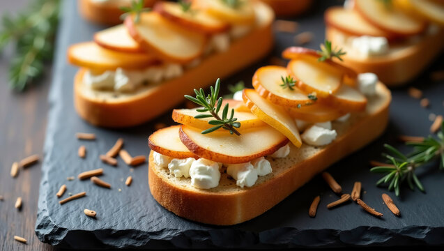 Crisp slices of warm bread topped with creamy dorblu cheese, fresh pear, and rosemary create a savory, delightful snack. Perfect for gatherings or a cozy night indoors
