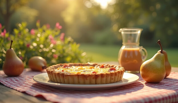 A serene outdoor setting showcases a plate of delicious snacks, including slices of pear and creamy dorblu cheese, accompanied by a refreshing drink