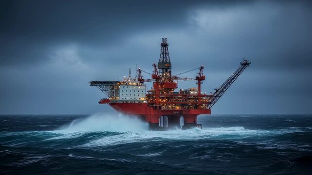 Remote oil extraction rig facing intense marine weather conditions.