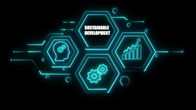 Abstract neon Hud knowledge ability business gear icon Glowing neon line concept. Glowing "SUSTAINABLE DEVELOPMENT" button in 
German on a futuristic, abstract wave 
technology on black background.