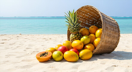 Tropical fruit overflowing from a vintage wooden crate basket, on sandy beach