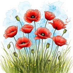 Fototapeta premium Watercolor Illustration of Red Poppies with Green Grass and a Blue Sky Background for Springtime Designs