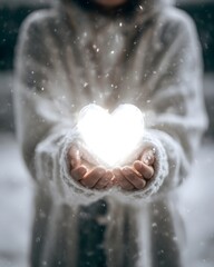 A person in a cozy sweater holds a glowing heart in snowy surroundings, symbolizing warmth and love