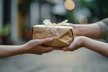 Hands are shown giving a box of food, possibly grain or corn, to another person. This image symbolizes charity, donation, helping others, and community support, often in the context of food aid