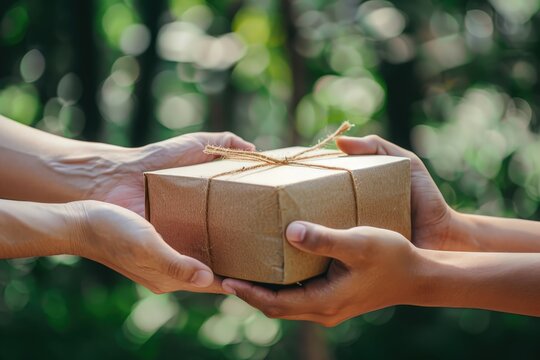 Hands are shown giving a box of food, possibly grain or corn, to another person. This image symbolizes charity, donation, helping others, and community support, often in the context of food aid