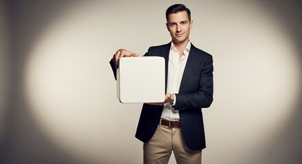 Confident Man Presenting Blank Cube, Modern Business Concept