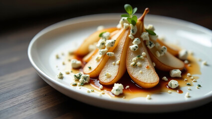 Thinly sliced pear carpaccio is beautifully arranged on a plate, garnished with crumbled dorblu cheese, providing a refined snack experience. This exquisite dish showcases elegance in presentation