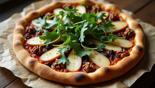 A gourmet creation showcasing slices of fresh pear and walnuts atop a layer of rich dorblu cheese. This delectable snack is artfully arranged, emphasizing freshness and flavor