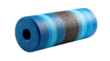 Colorful fitness foam roller, designed for exercise and muscle relaxation, against a white isolate background.