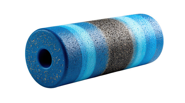 Colorful fitness foam roller, designed for exercise and muscle relaxation, against a white isolate background.