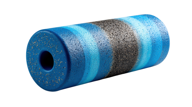 Colorful fitness foam roller, designed for exercise and muscle relaxation, against a white isolate background.