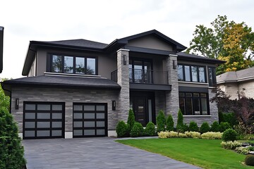 Modern twostory home with stone facade, balcony, black windows, and a beautiful landscaped lawn