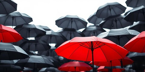 A single red umbrella stands out amongst numerous black umbrellas,  alone,  distinct