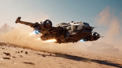 Spaceship in flight across desert landscape