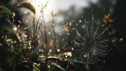 Spiderweb dew drops misty forest