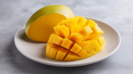 Fresh mango slices on a plate showcase their juicy sweetness and vibrant color.