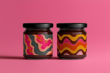 Two glass jars with abstract wavy pattern labels on pink background