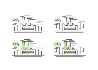 Minimalistic CO2 factory and production emissions icons. Industrial pollution, carbon output, greenhouse gases, climate change, environmental impact. Clean vector for sustainability content.