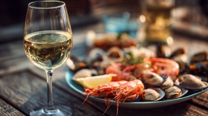 Seafood plate and white wine outdoor setting