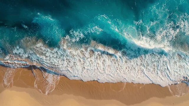 Breathtaking aerial footage capturing turquoise ocean waves gently washing over a golden sandy beach. The foamy patterns and clear tropical waters create a mesmerizing, tranquil atmosphere. Perfect fo