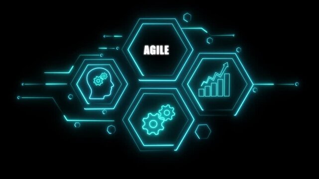 Abstract neon Hud knowledge ability business gear icon Glowing neon line concept. Glowing "AGILE" button in German on a futuristic, abstract wave technology om black background.