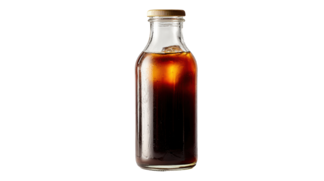 Dark glass bottle filled with cold beverage, isolated on white background.