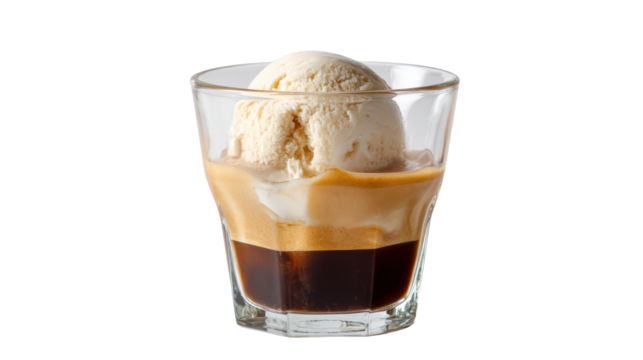 Delicious dessert with ice cream topped on espresso in a clear glass cup, white isolate background.