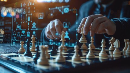 A man's hands move a chess piece on a physical board overlaid with a futuristic digital interface of glowing data. This merges classic strategy with modern technology, suggesting AI-assisted decision-