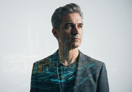 Confident executive visualized with futuristic city network.