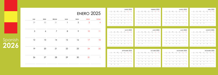 spanish calendar 2026, minimalist planner template for print or web