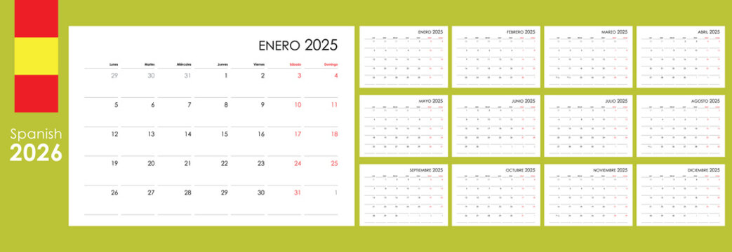 spanish calendar 2026, minimalist planner template for print or web