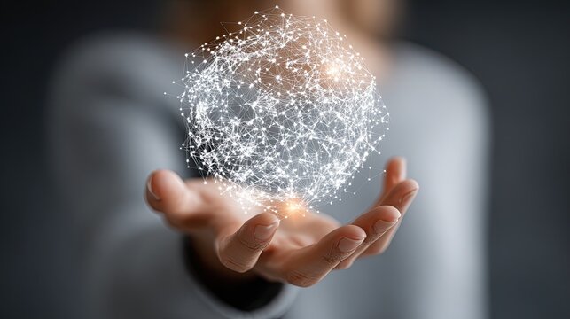 Digital network interface floating in woman hand symbolizing futuristic technology, connectivity, and innovation - Powered by Adobe