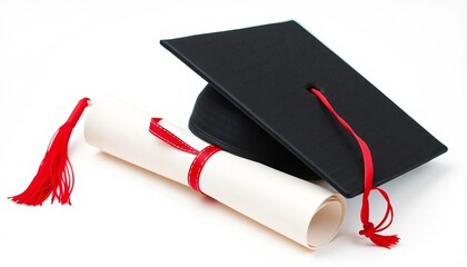 A rolled diploma tied with a red ribbon and a black graduation cap rests on a white background,  object,  completion