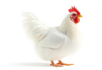 A pristine white hen, isolated on a pure white background, showcasing its feathers and details,   isolated hen,  pure white