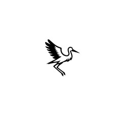 Fototapeta premium A simple black and white illustration of a stork with its wings partially spread in mid flight pose