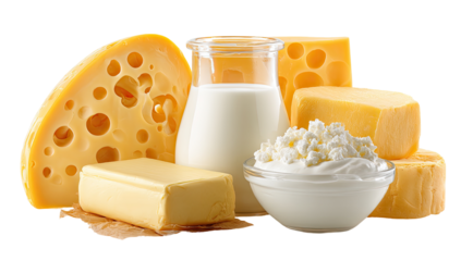 Assorted dairy products arranged on a white background.  Slices of cheese, butter, and milk are displayed in a still life arrangement